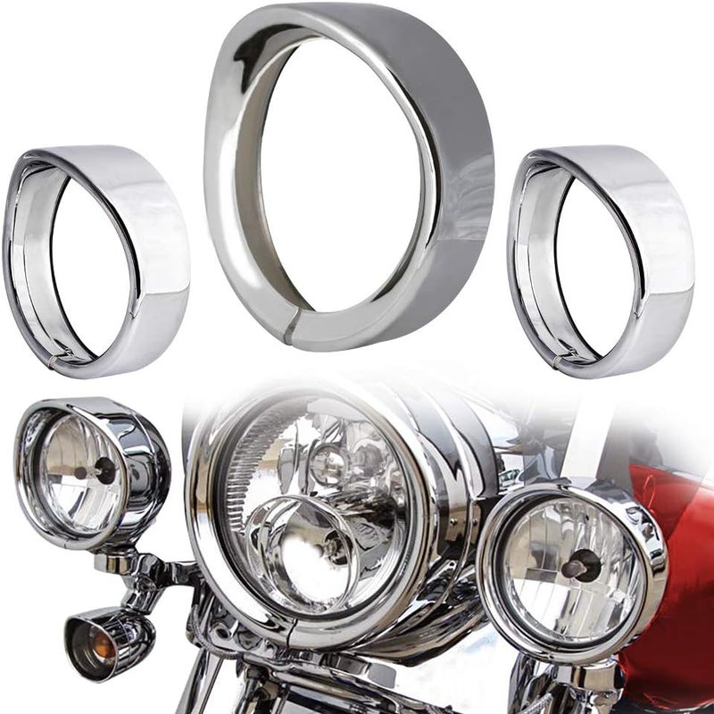 NTHREEAUTO Chrome Motorcycle Lights Frenched Ring Kit Compatible with Harley, 7" Headlight Trim Ring Decorate Visor + 4 1/2" Fog Light Trim Ring Decorate Visor(Chrome) - Image 1